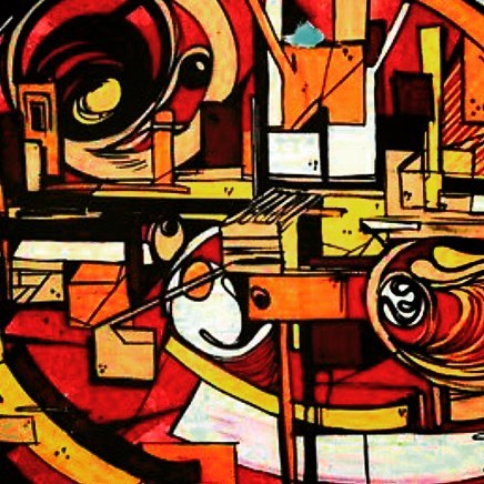 Abstract artwork in red, gold and black, with geometric lines and eye-like shapes.