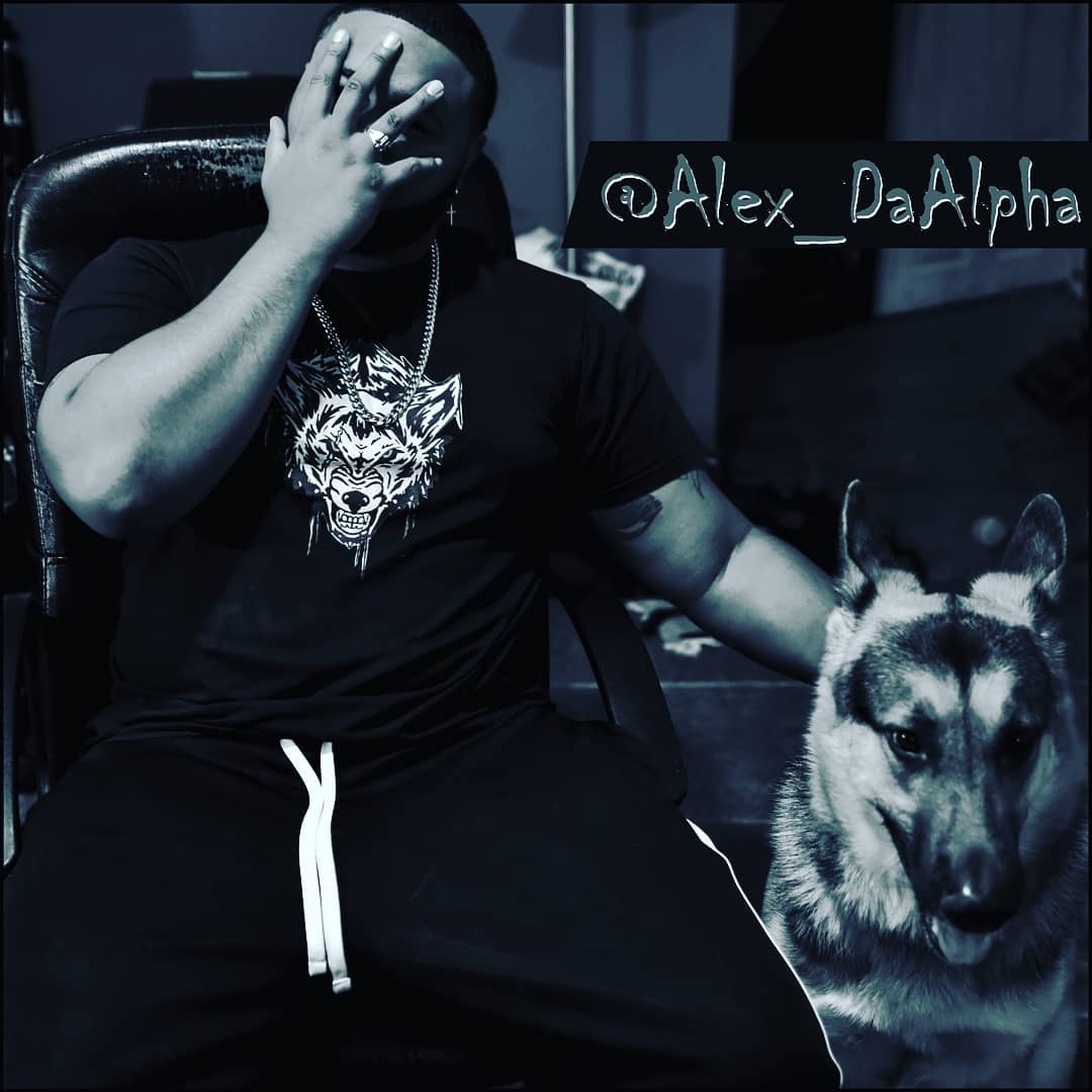 Alex DaAlpha seated beside a dog, with his artist name shown in the image.