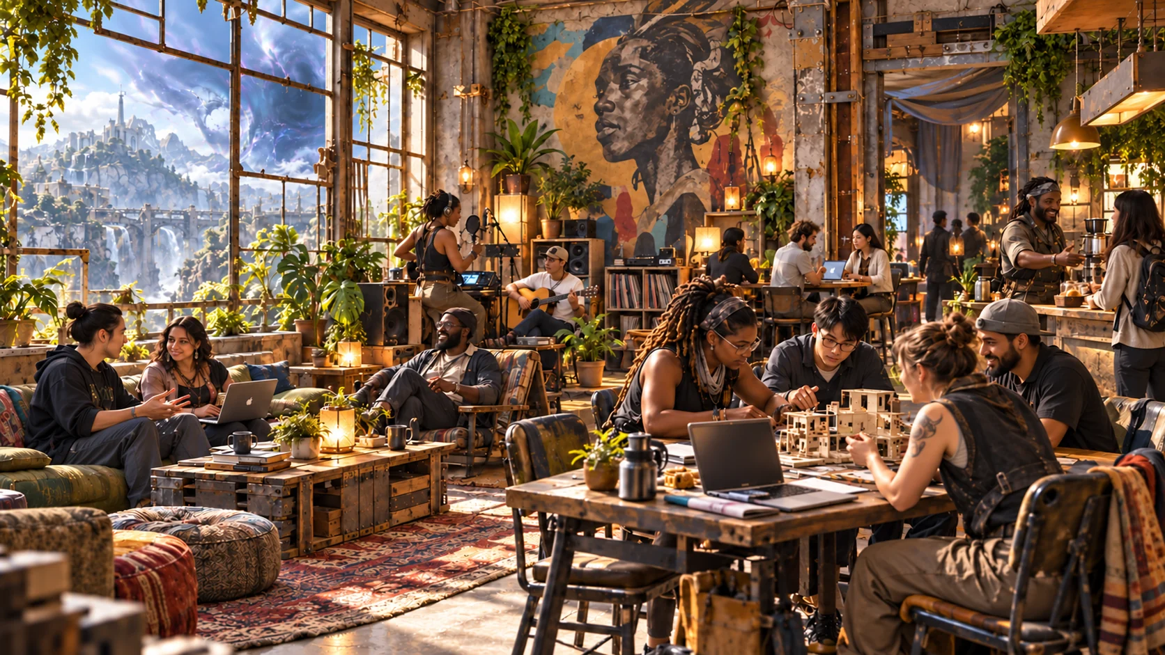 Concept artwork of a multiracial creator commons: collaborators build a model, make music and share ideas in a warm, plant-filled urban space, with an imagined world beyond the windows.